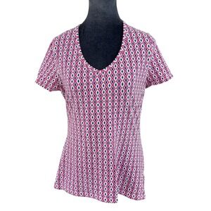 Talbots Barbie Preppy Pink Navy Geometric Diamond Short Sleeve V-Neck Tee LP